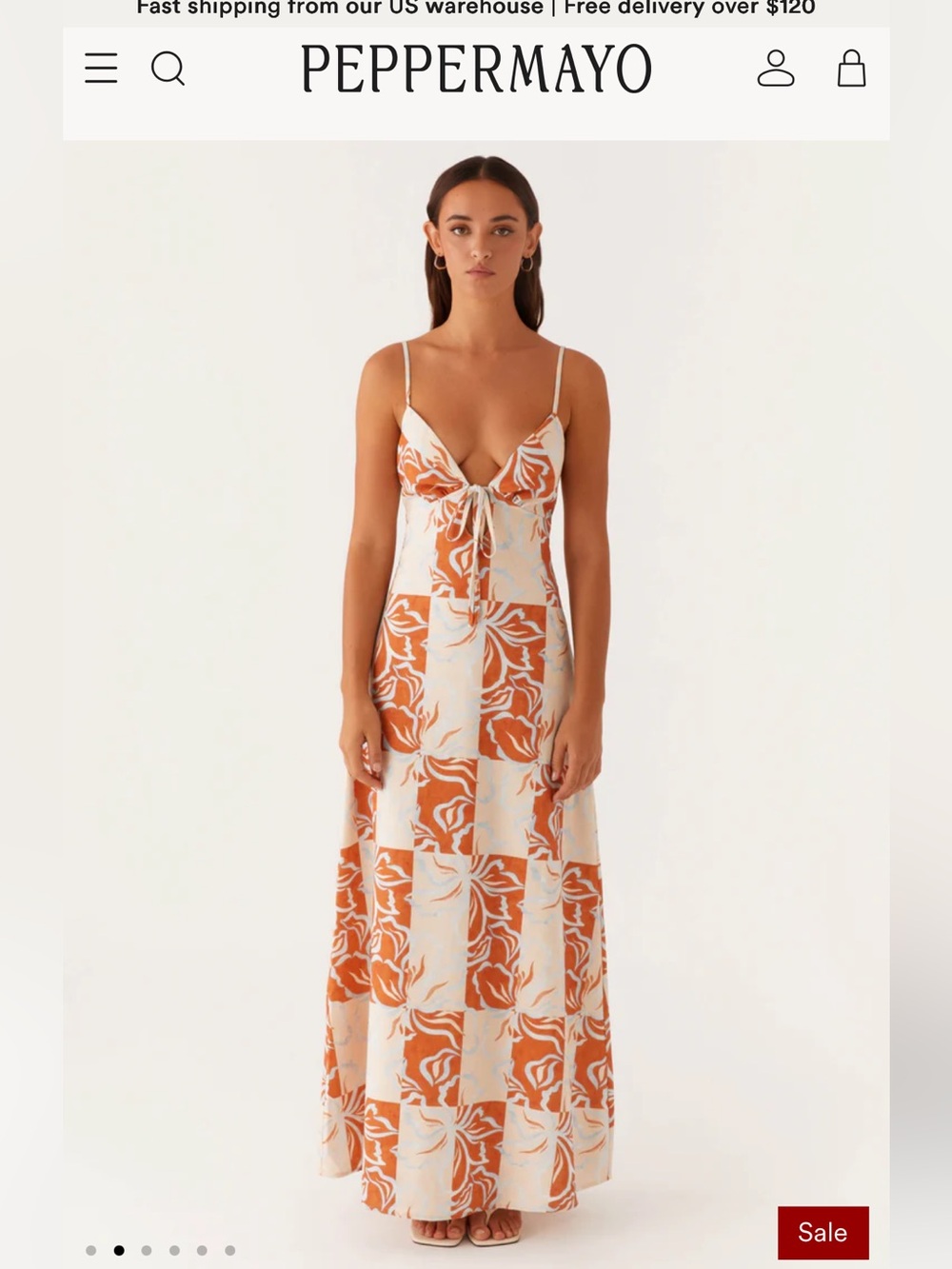 Peppermayo Orange, Cream, and Blue Tie-Front Spaghetti Strap Maxi Dress